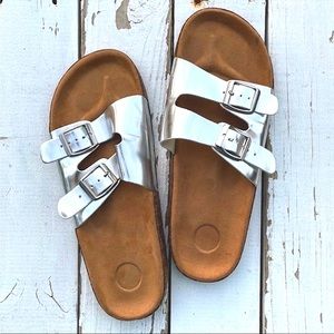Silver Birkenstock Style Slip On Shoes